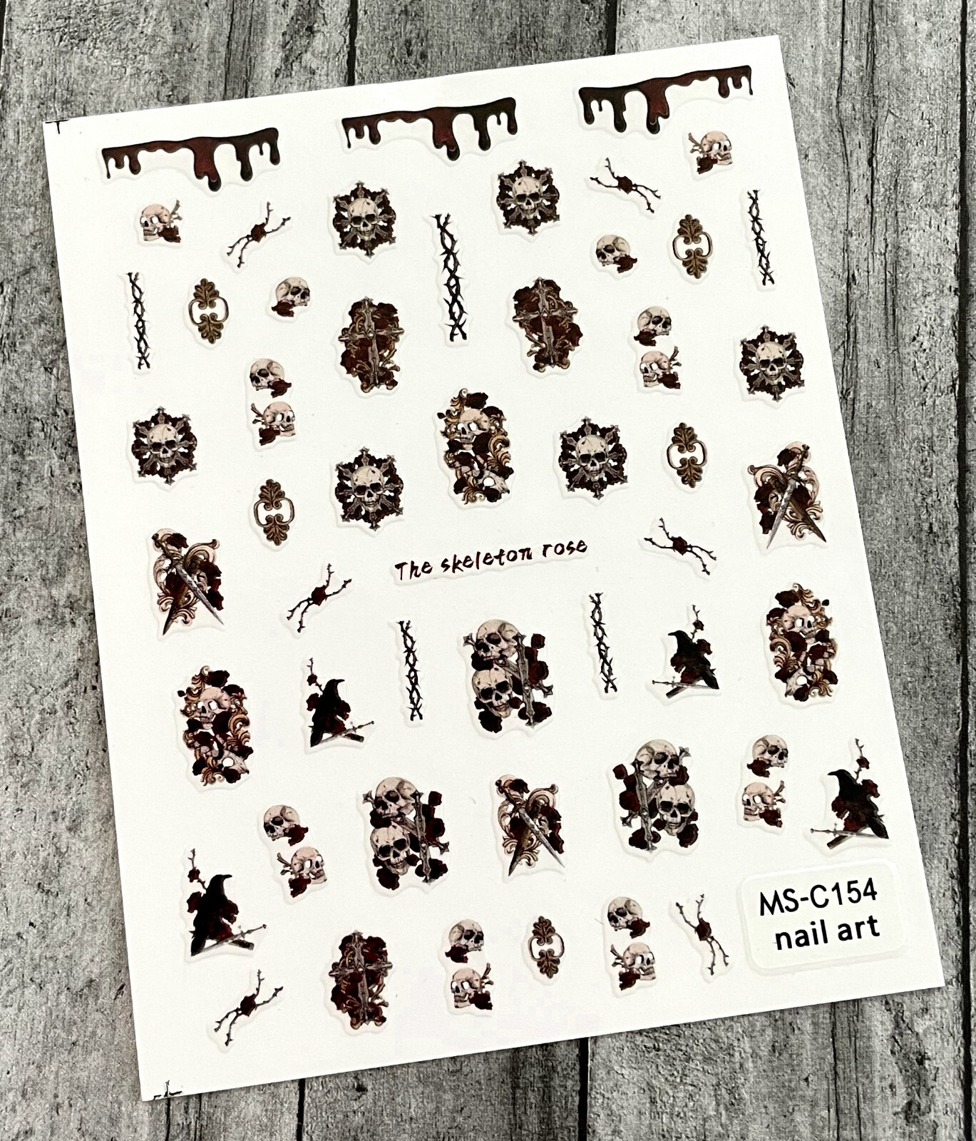 Dark Skeleton Rose Nail Sticker Dark Halloween Cross Skull Wings Blood Dripping