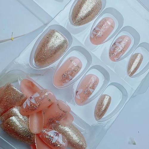 24Pcs Press on Nails Short Almond Shape Fake Nails with Flower Designs Glitter