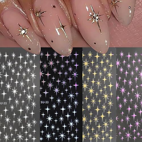 Star Nail Art Stickers Silver Metallic 3D Nail Decals 4PCS Glitter Nail style01