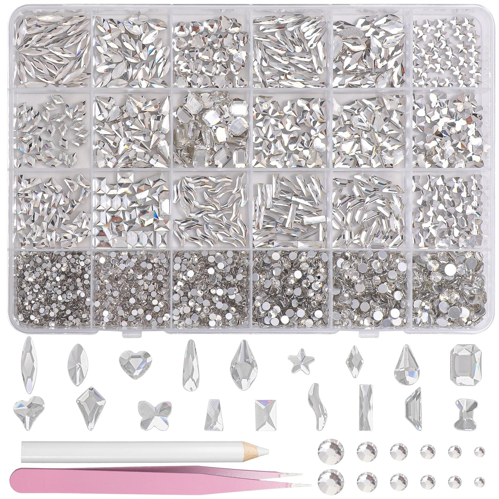 White Nail Art Rhinestones Kit – Multi Shapes & Sizes Flatback Gems for DIY Nail