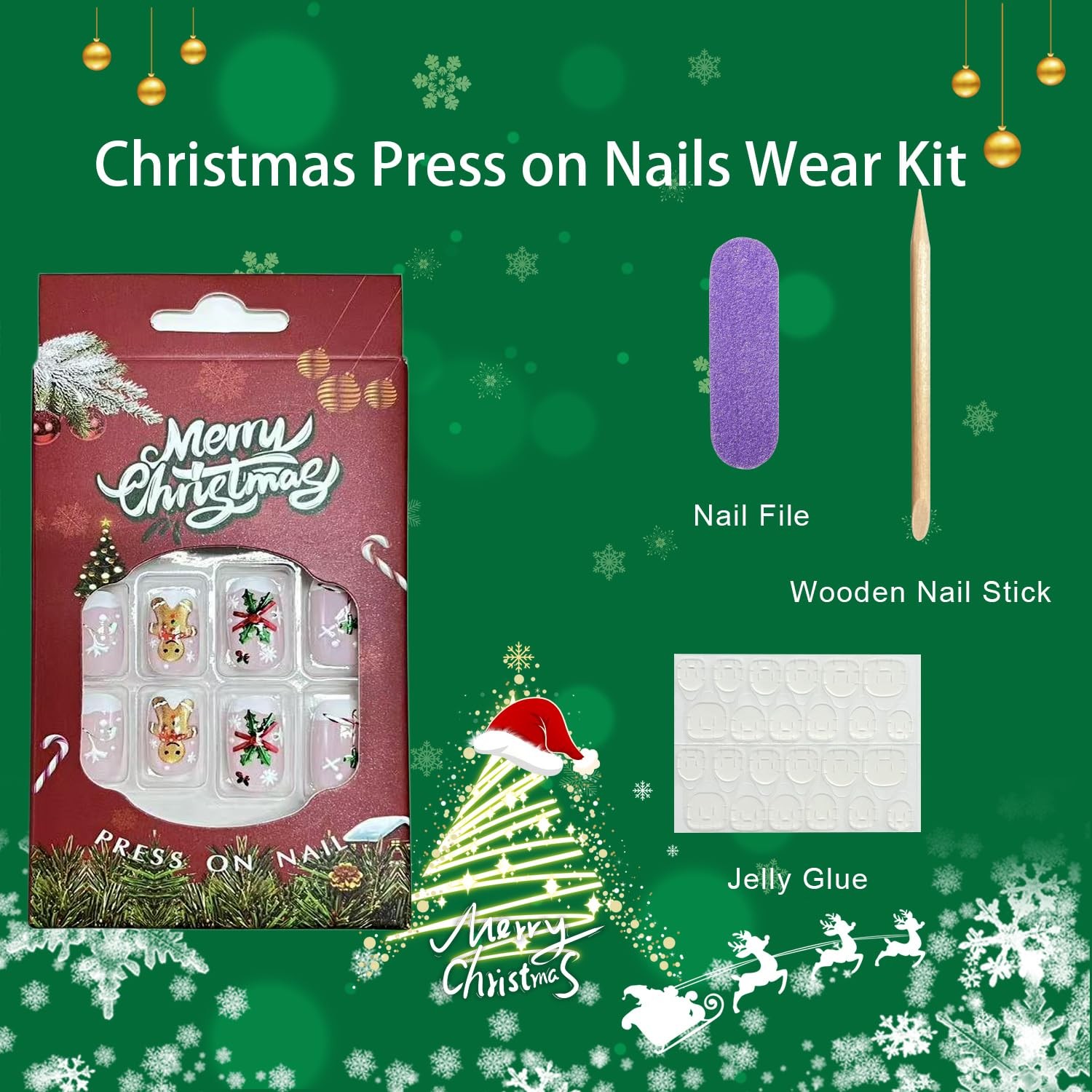 Christmas Press on Nails Short Oval Fake Nails with Snowflake Holly Gingerbre…