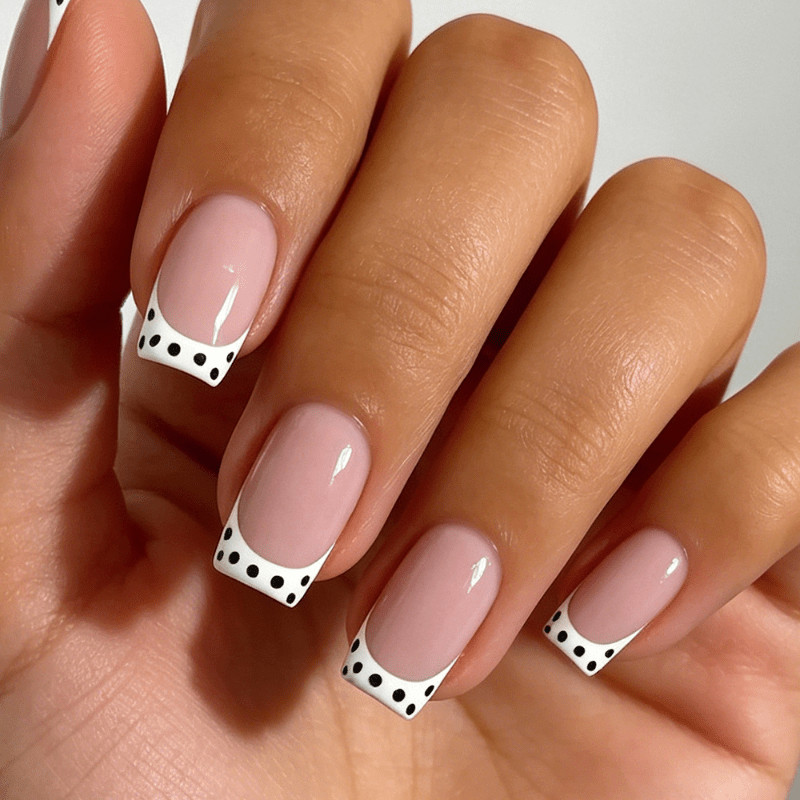 48pcs Medium Square Press On Nails,Nude Base with White French Tip & Black Polka