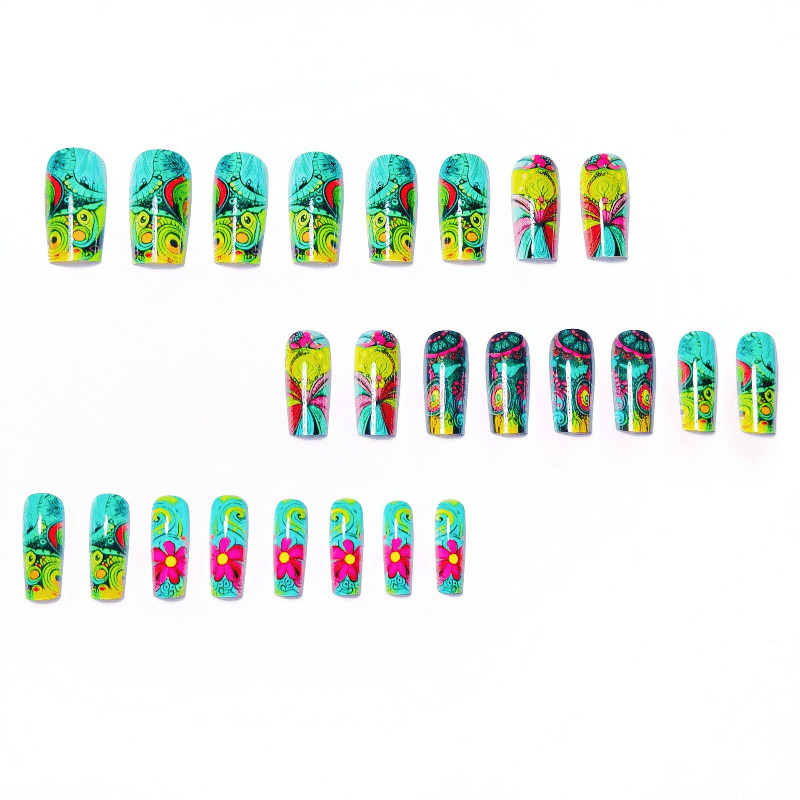 48Pcs-Tribal Fake Nails Neon Green Pink Mandala Floral Coffin Boho Ethnic Nail