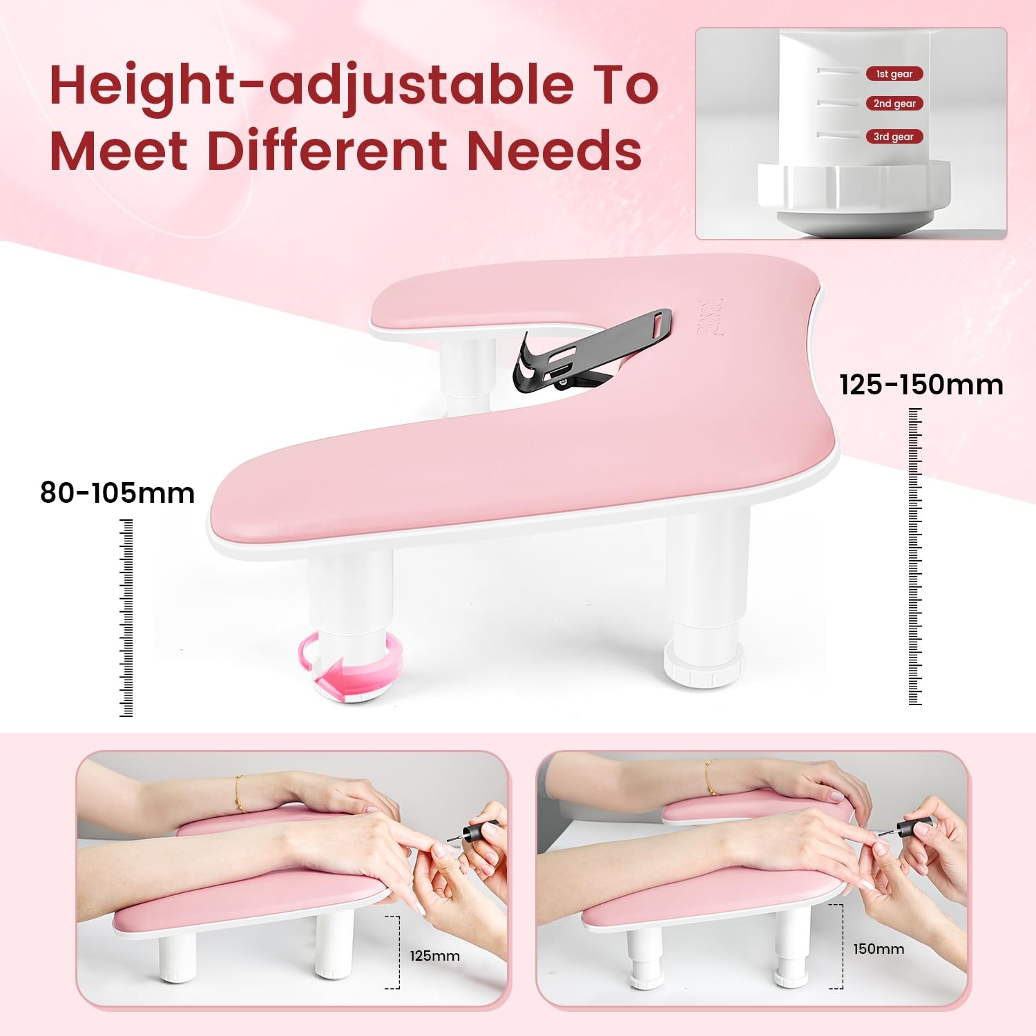Pink U-Shaped Manicure Arm Rest for Nails Tech with Rotating 360°Built-In Pho…