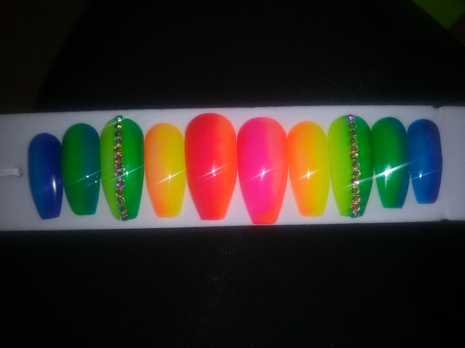 Neon Rainbow ombre gel nails bling long coffin PRESS ON NAILS