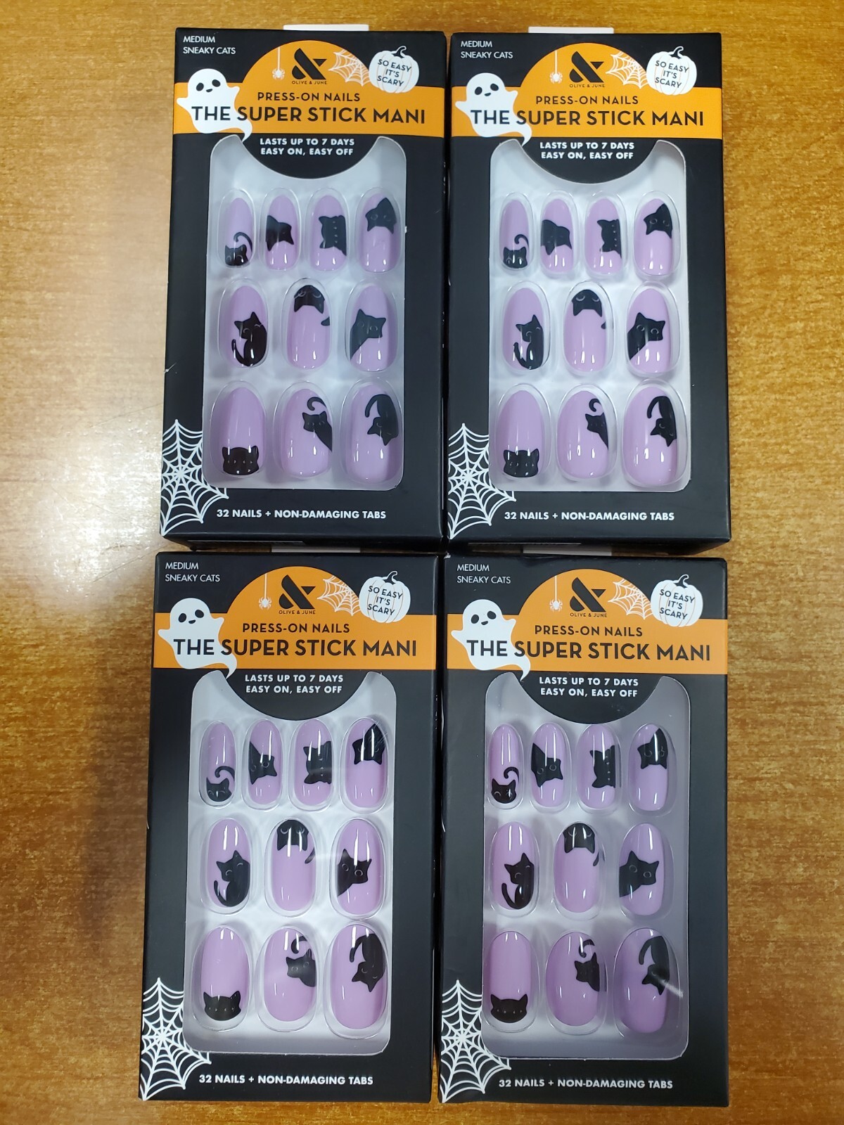 4 Pk: Olive & June Press On Nails The Super Stick Mani Sneaky Cats (9466) -R9P6b