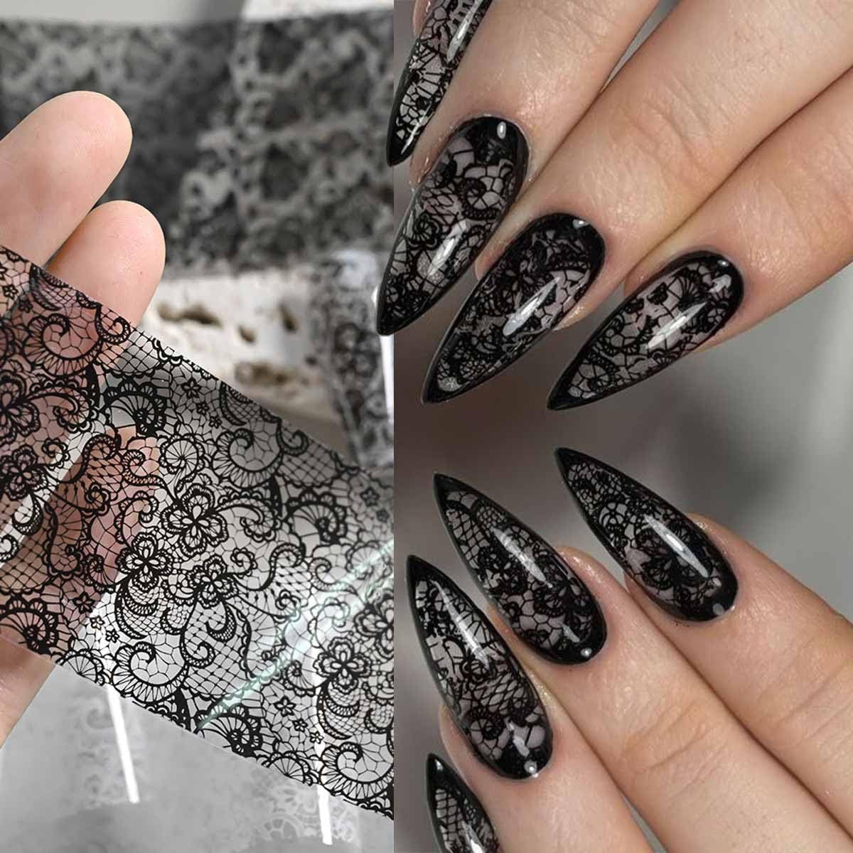 10 Rolls Lace Nail Foil Black White Transfer Stickers for Women | Floral Rose De