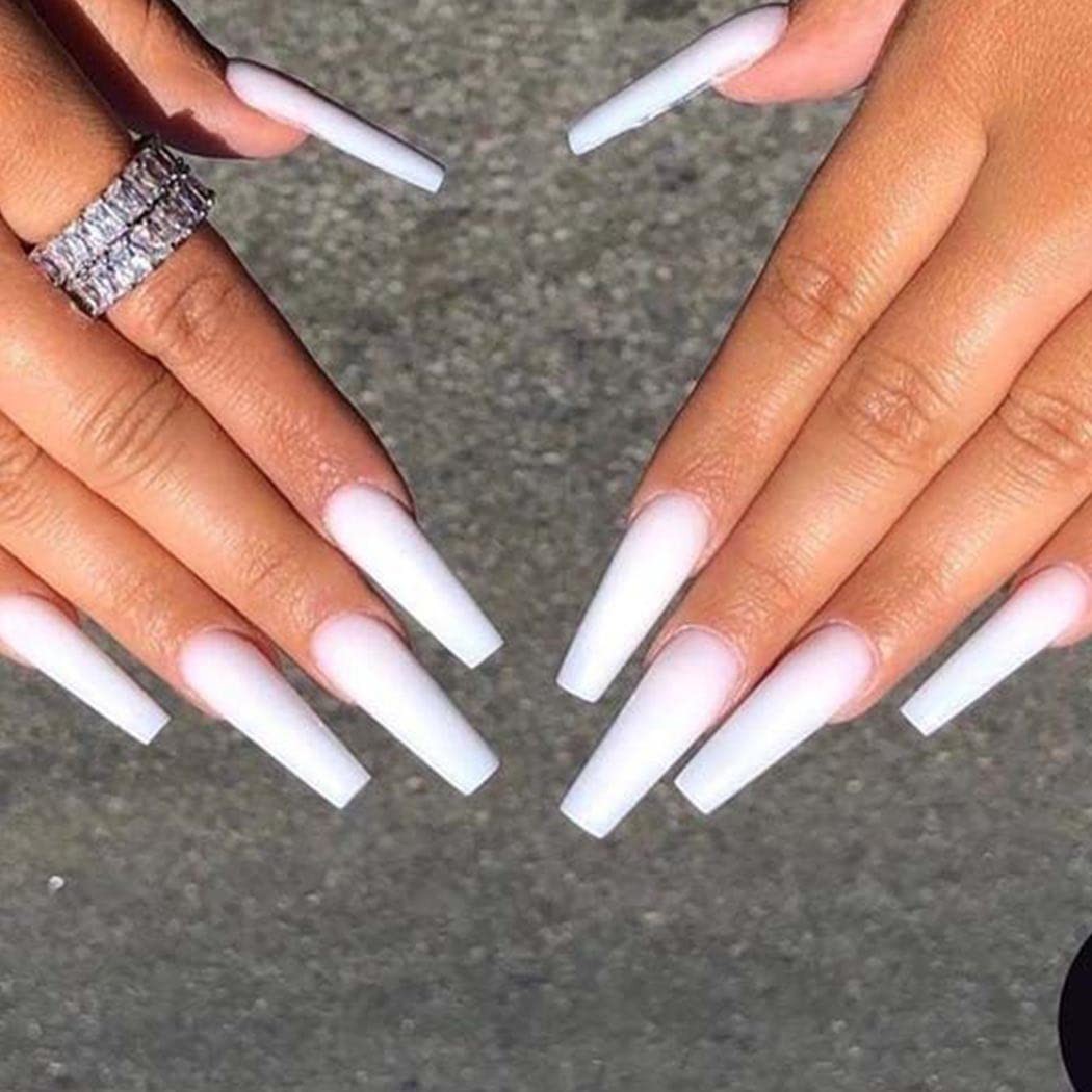 Matte White Press on Nails Coffin Long Fake Nails Solid Acrylic False Nails w…
