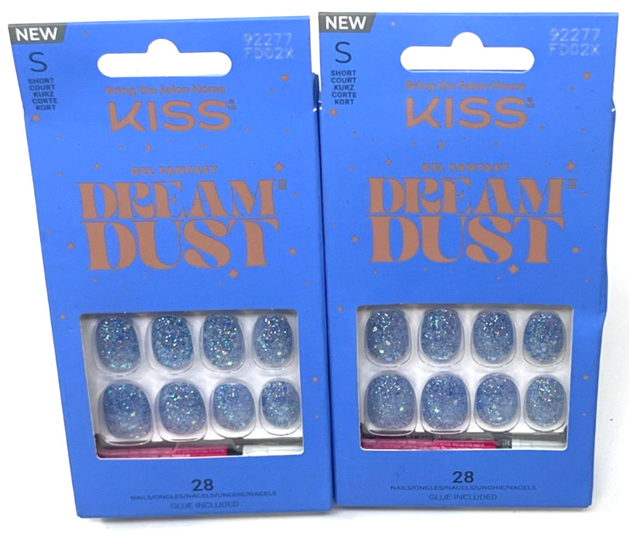 (2) Kiss Gel Fantasy Dream Dust Nails New In Packaging 92277 FD02X Blue Glitter