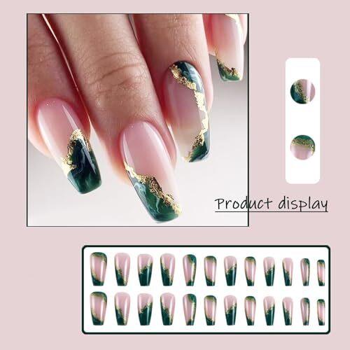 Dark Green Press on Nails Medium Fake Nails Marble False Nails with Design J