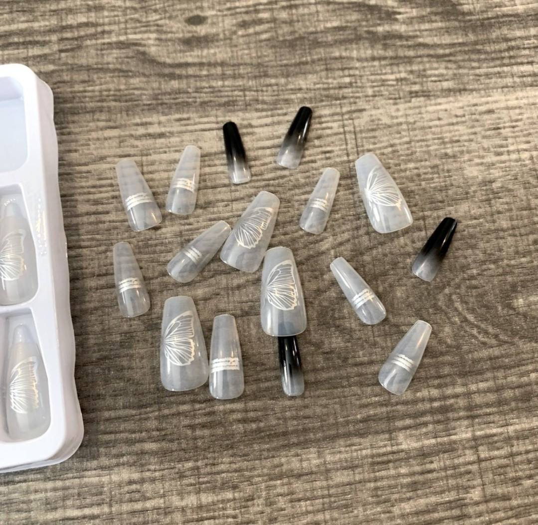 Long Black & Grey Butterfly Press On Nails 24 Pieces