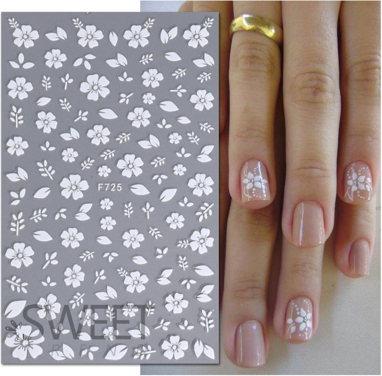 4Pcs Set 3D Nail Stickers White Flowers Adhesive Nail Art Decals Manicure NS44