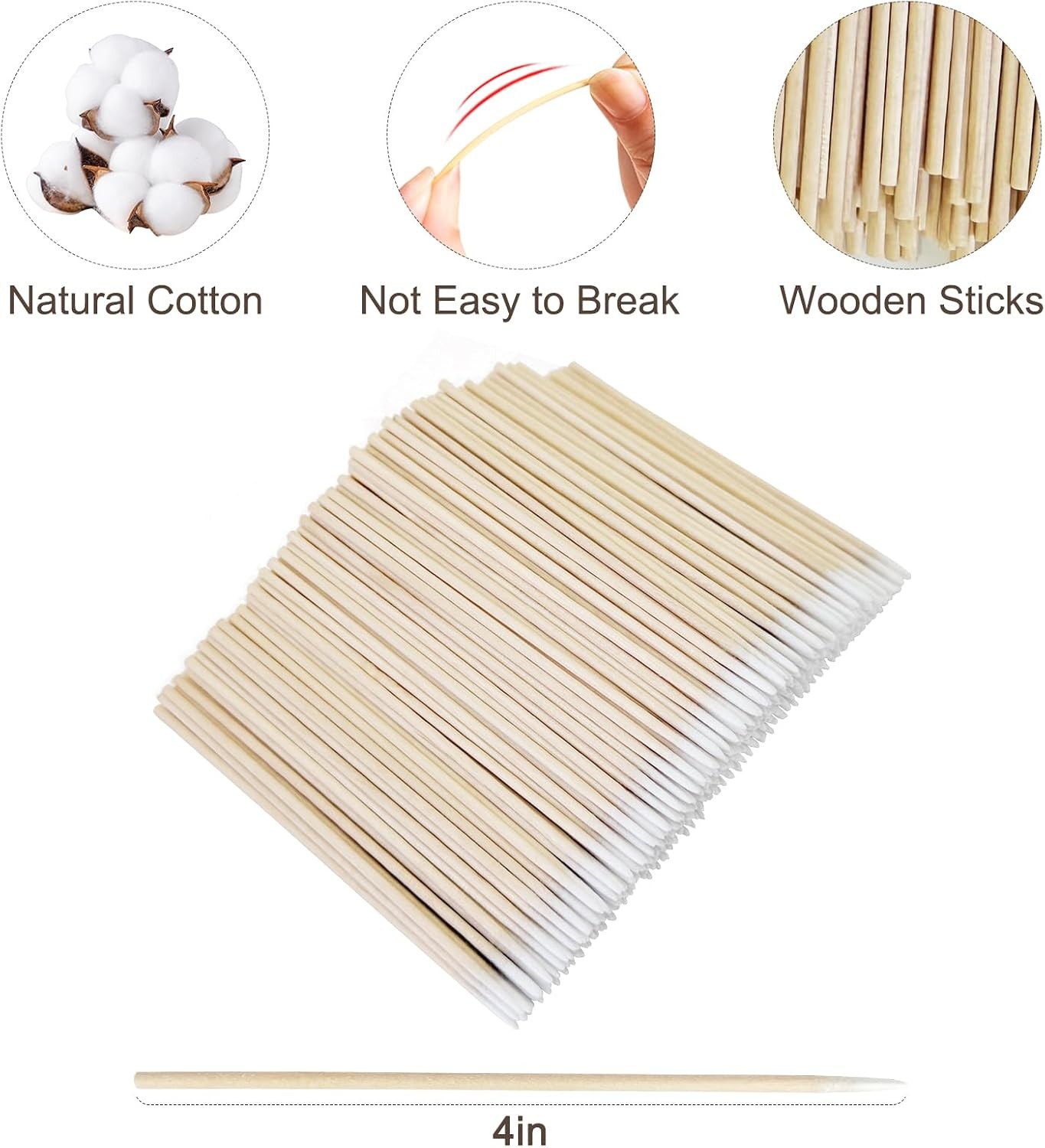 600 Count 4 Inch Pointed Cotton Swabs for Nail with Wood Sticks | with Firm Soft