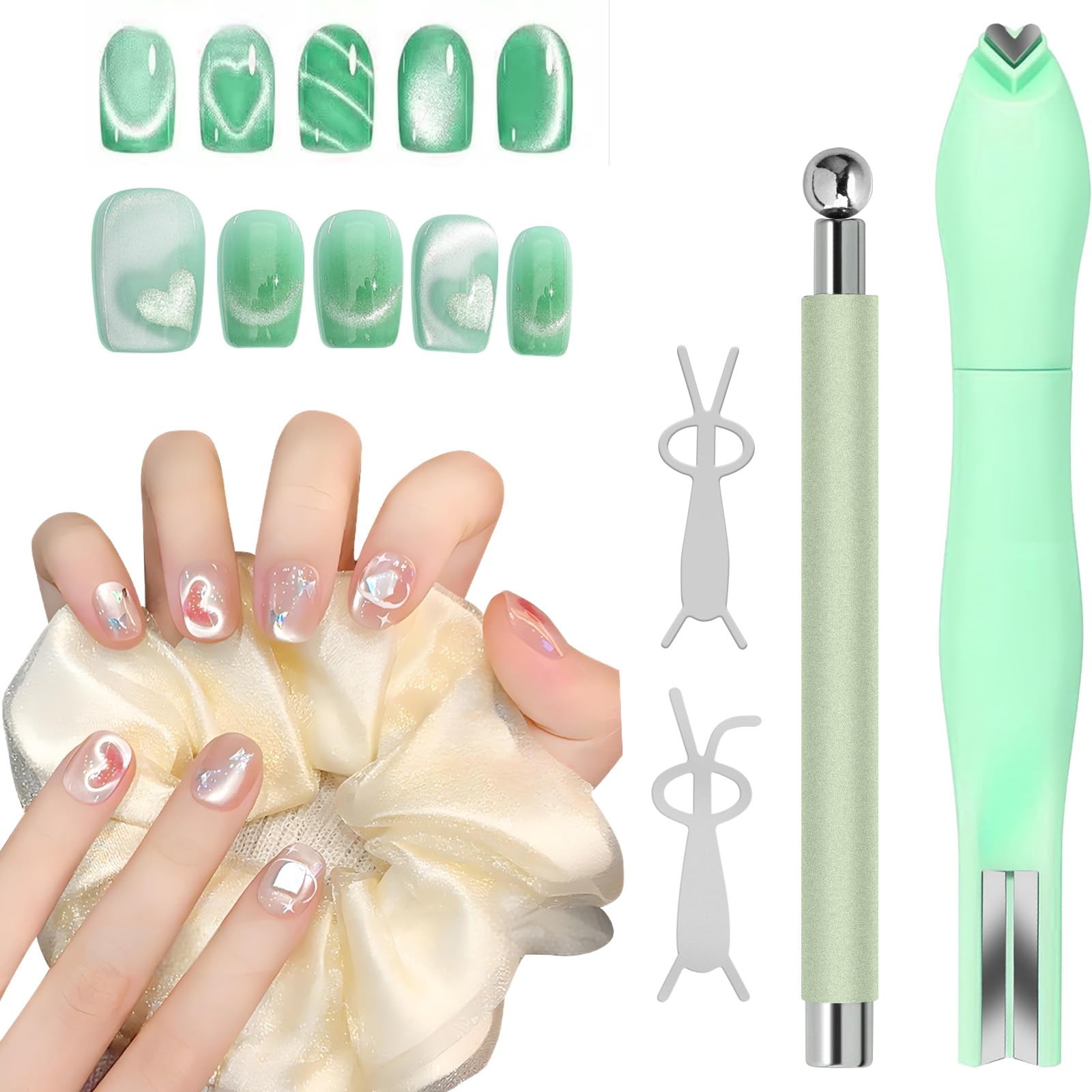 4Pcs Cat Eye Nail Magnet Kit, 3in1 Magnet with DualEnded Pen & 2Pcs Bunny Gui…