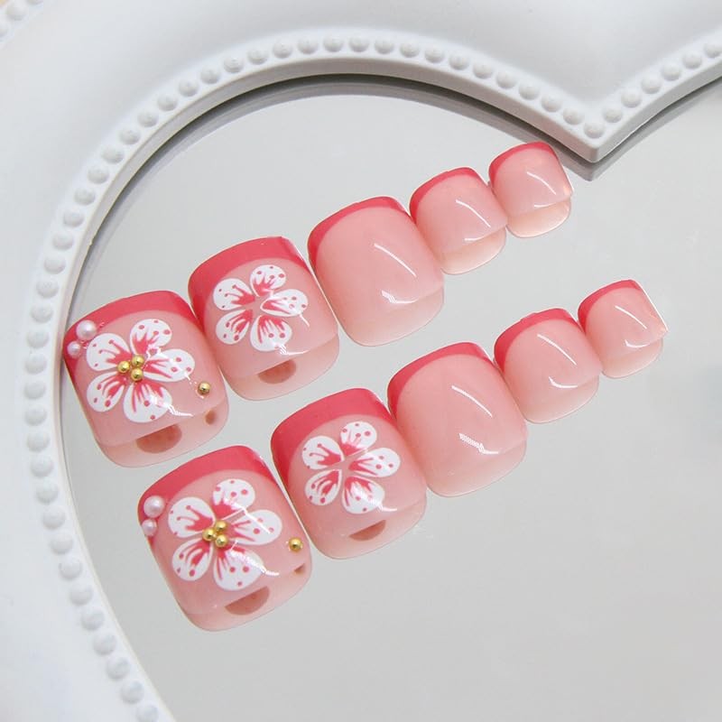 Pink French Tip Press on Toenails Flowers Fake Toe Nails Short Full Cover A16