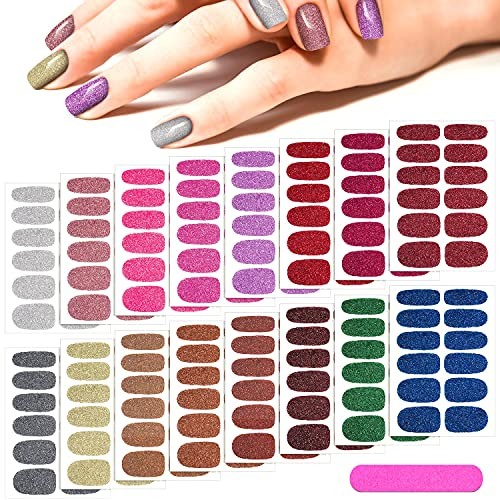16 Sheets Glitter Nail Wraps Polish Strips Self Adhesive Shine Retro Color