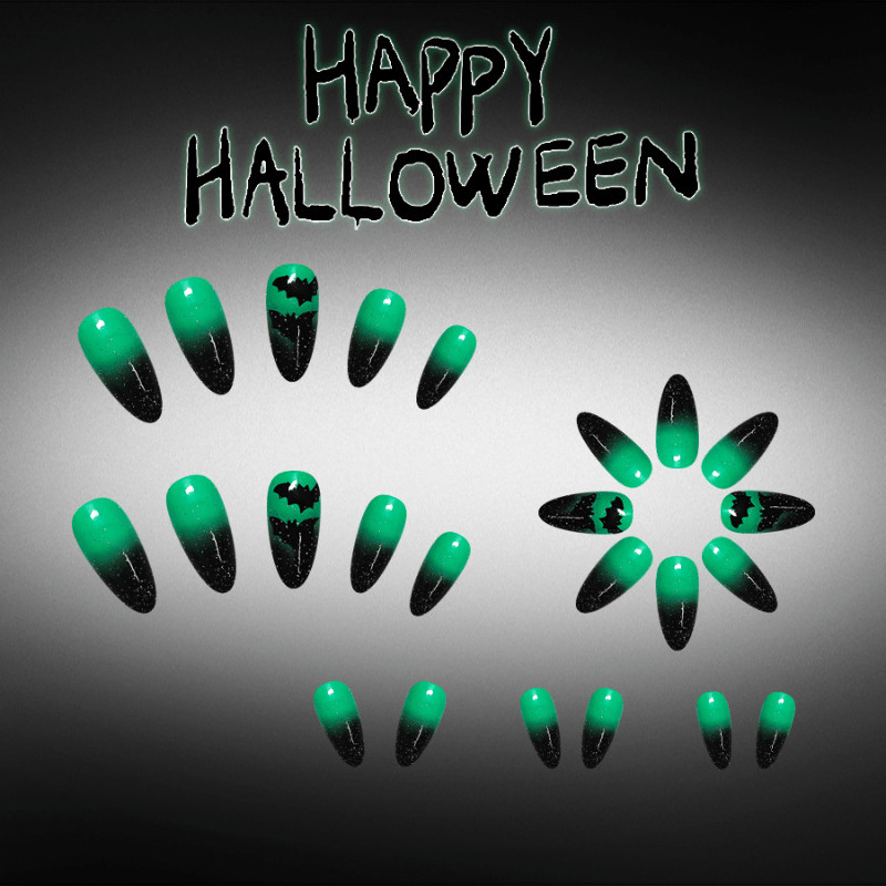 48Pcs-Long Almond Green Black Gradient Bat Glitter Press on Nails Set