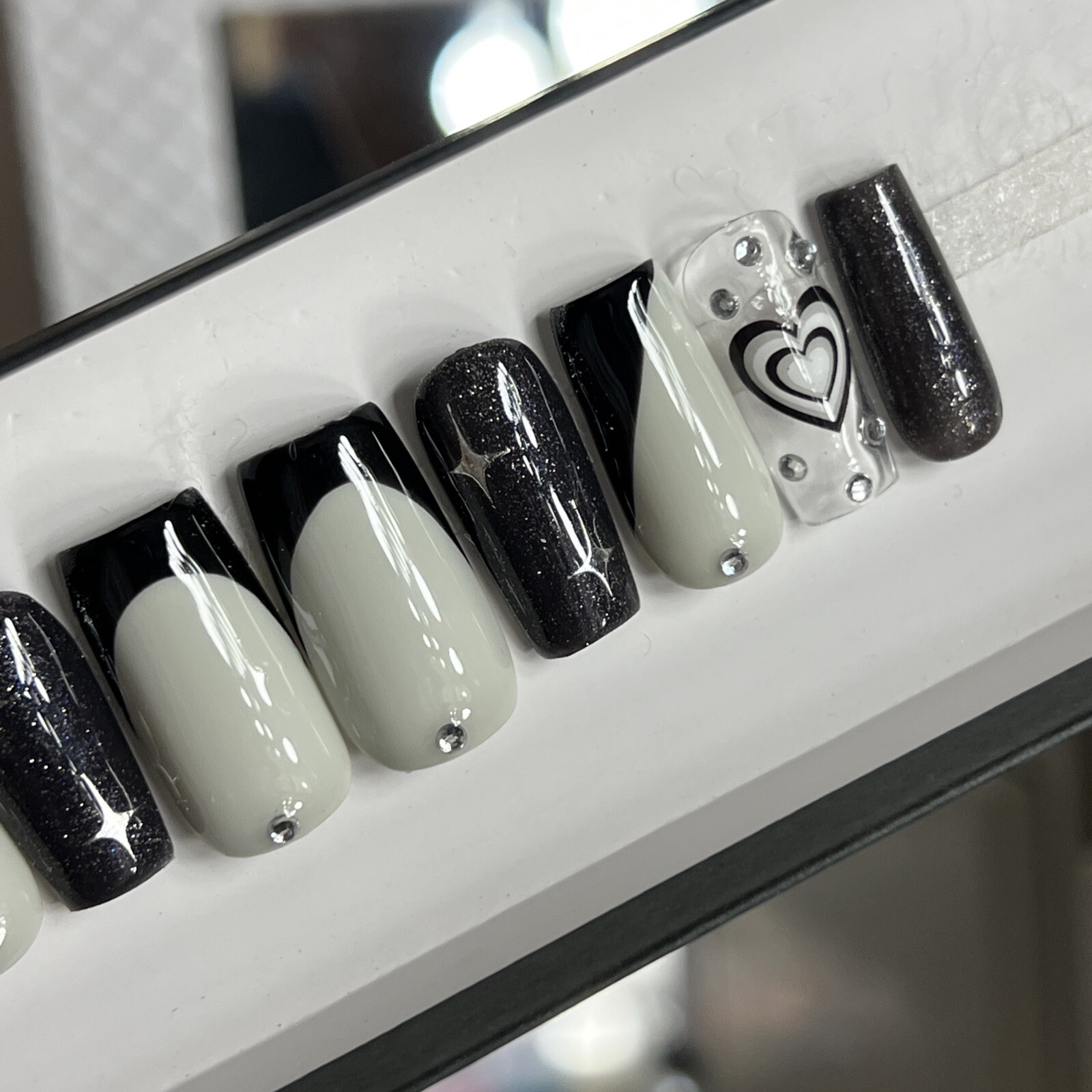 🤍 CUSTOM Hard Gel Press On Nails Black GREY HEART Bling 10p FULL SET SQUARE