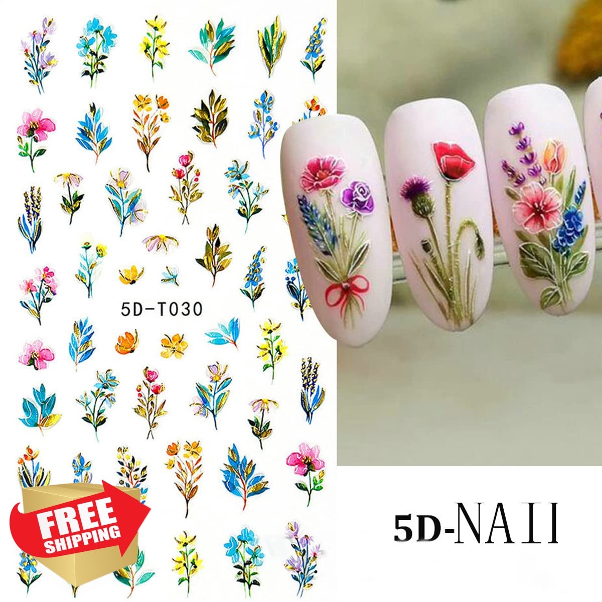 Flower Nail Stickers – 5D Embossed, Engraved Designs – Spring/Summer Nail Art…