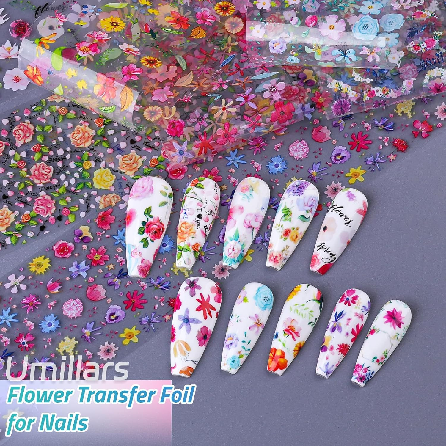 Flower Nail Foil Transfer Stickers, 10 Rolls Holographic Rose Camellia Floral Sp