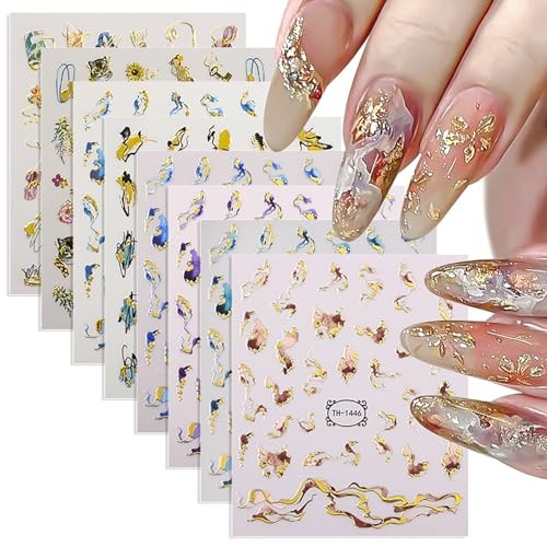 8 Sheets Nail Art Stickers 3D Self -Adhesive Hot Stamping Colorful Marble