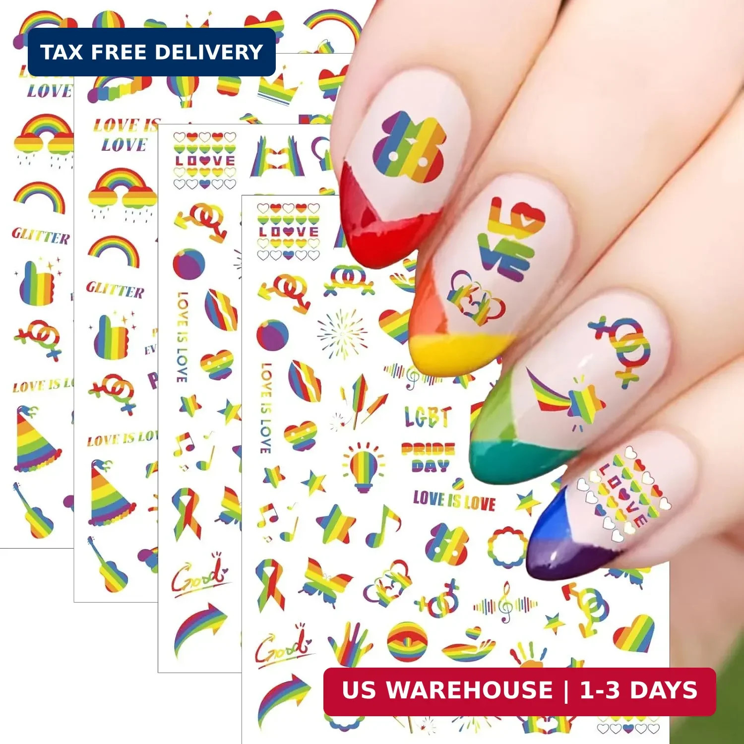 4 Sheets LGBTQ+ Pride Nail Stickers Cute Rainbow Nail Art Decals 3D Self-Adhesiv