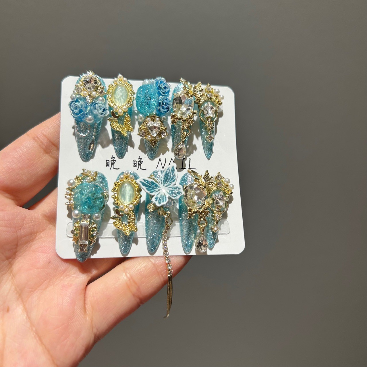 Blue Rose Luxury 3D Carved Cat Eye Press On Nails