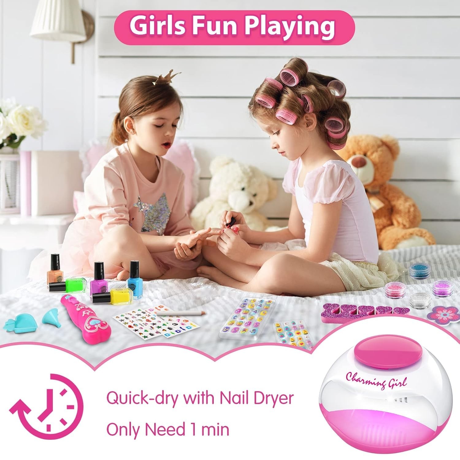 BATTOP Kids Nail Polish Set Nail Art Kit Dryer Glitter Gift Ages 6-12 Pink
