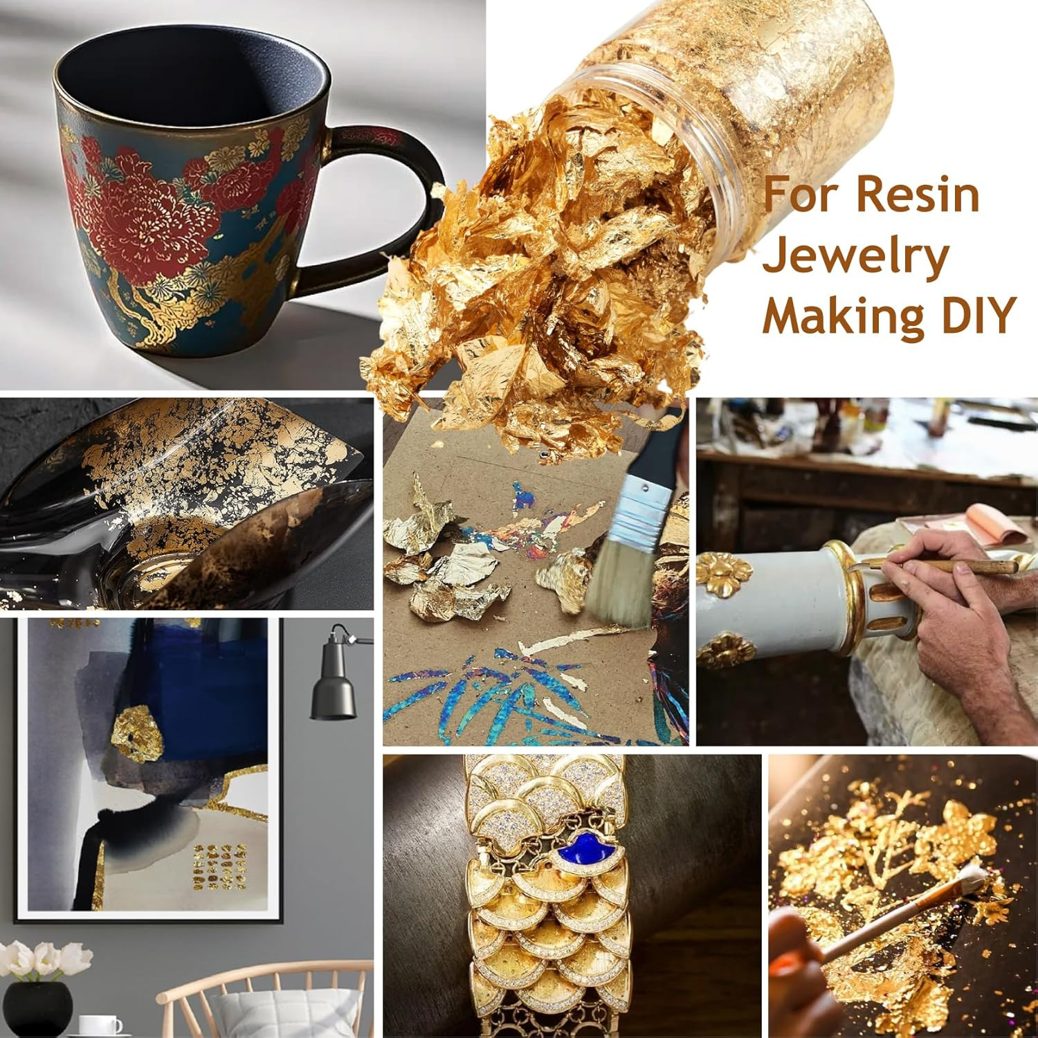 Gold Leaf Flakes with Tweezers,10G Metallic Gold Foil Flakes for Resin, with Twe