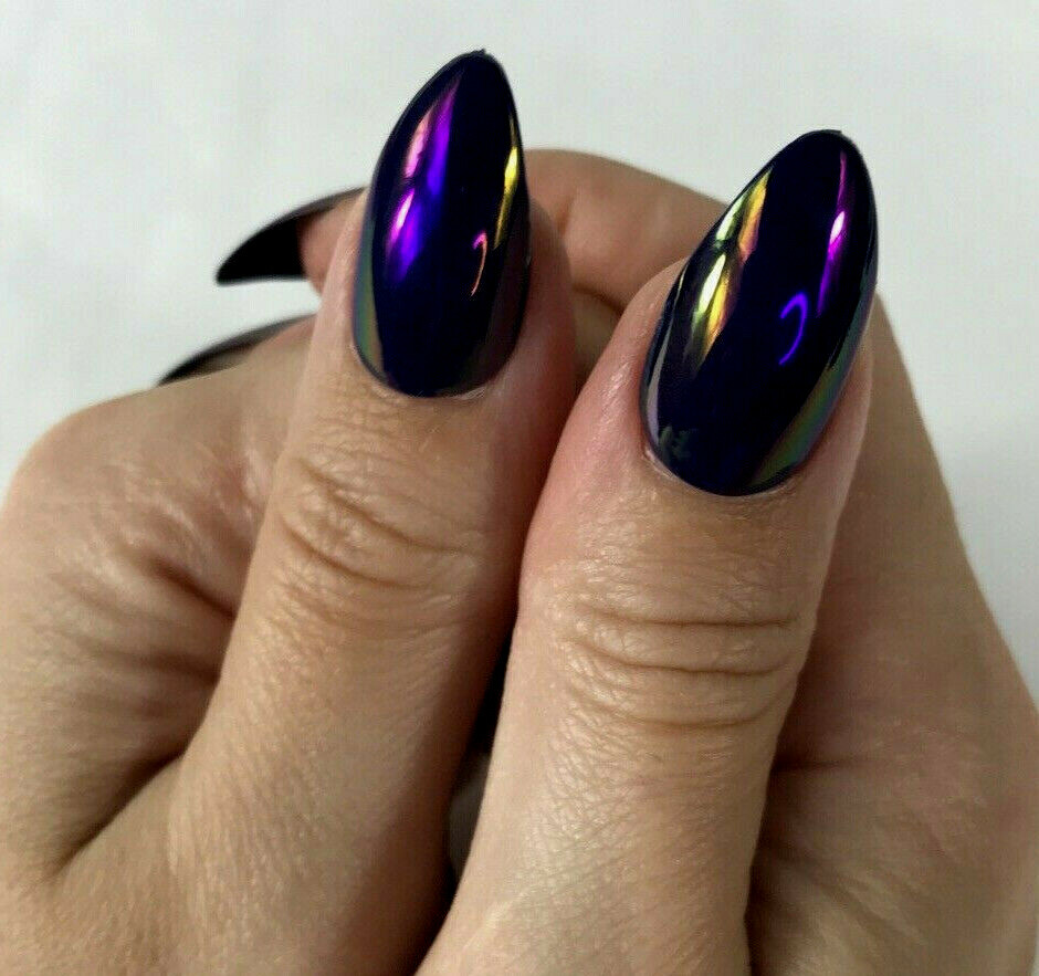 24pc Cosplay Goth Halloween Roleplay Press On Fake Metallic Purple Cat Nails Kit