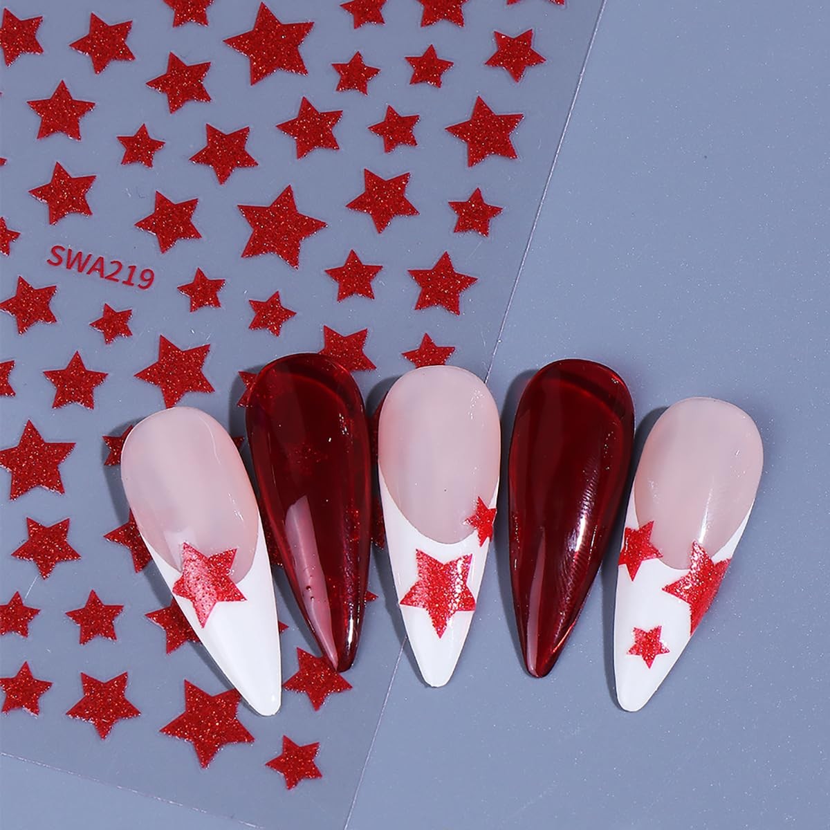 4th of July Nail Stickers Red White Blue Star Nail Decals 6PCS Glitter Patrio…