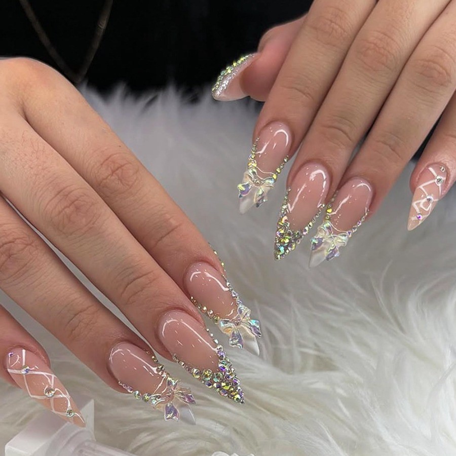 48pcs-Press on Nails Nude Almond 3D Crystal Bow Rhinestone Accents Bridal Design