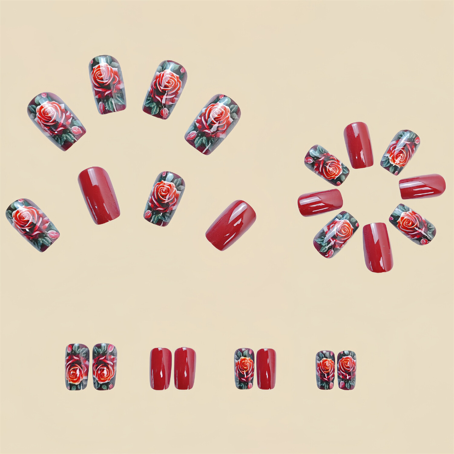 24pcs Rose Pattern Short Square Press-On Fake Nail Valentine’s Day Manicure