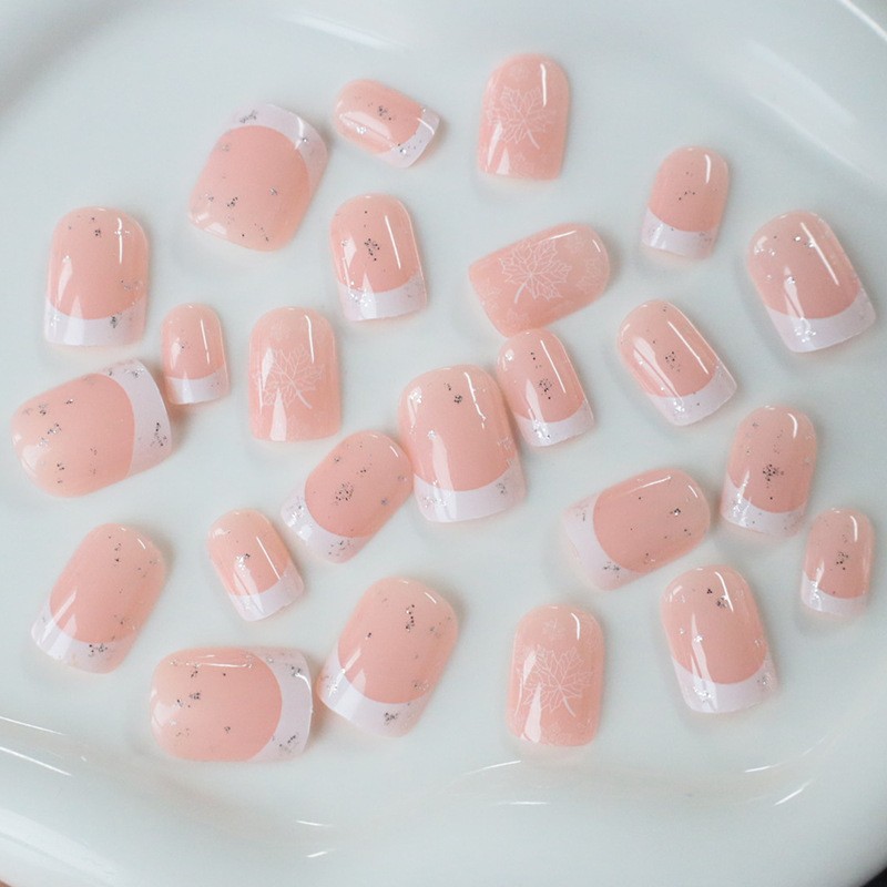 48Pcs-Short Round Nude Glitter White French Maple Leaf Autumn Press on Nails