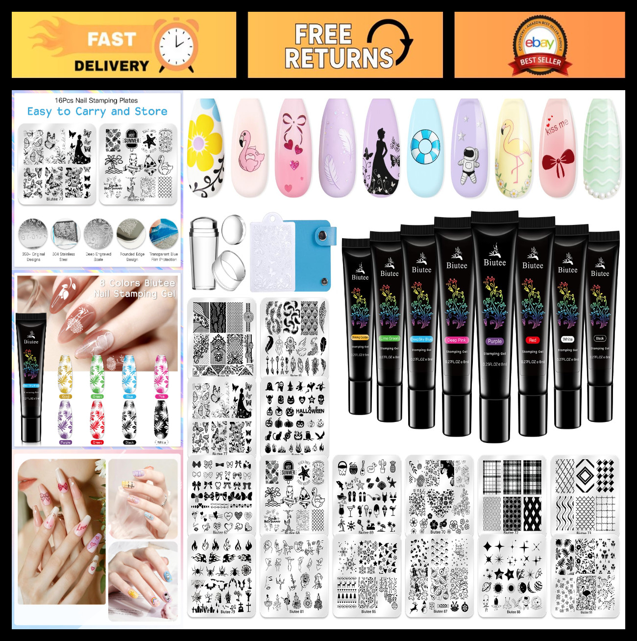 Nail Stamping Kit 12Pcs Plates & 8 Colors Polish Gel | Silicone Stamper & Scrape
