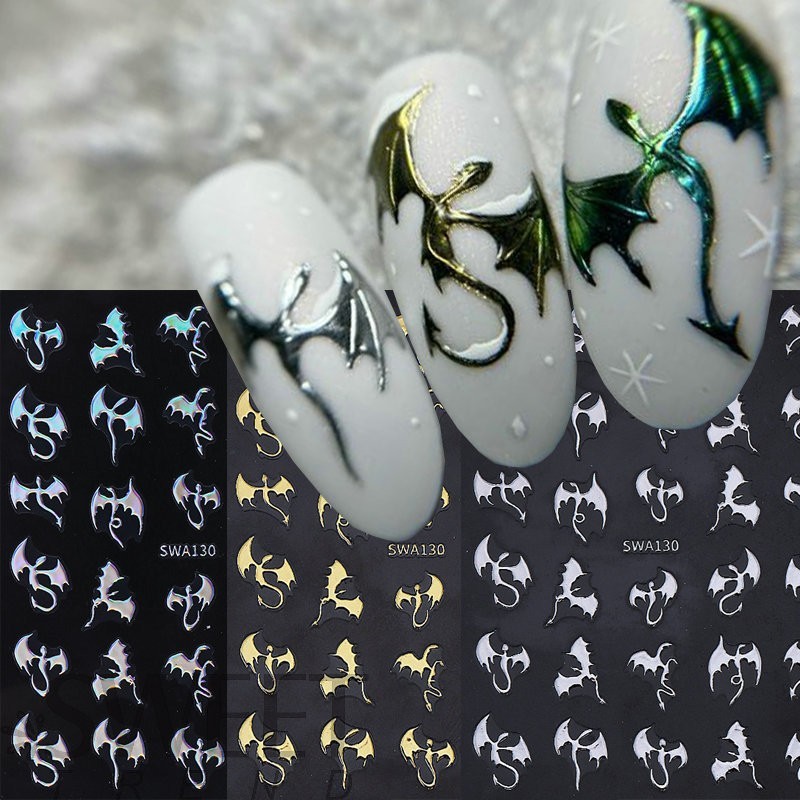 3pcs Metallic Flying Dragon Scales Nail Sticker Gold Silver Laser Devil Bat NH30