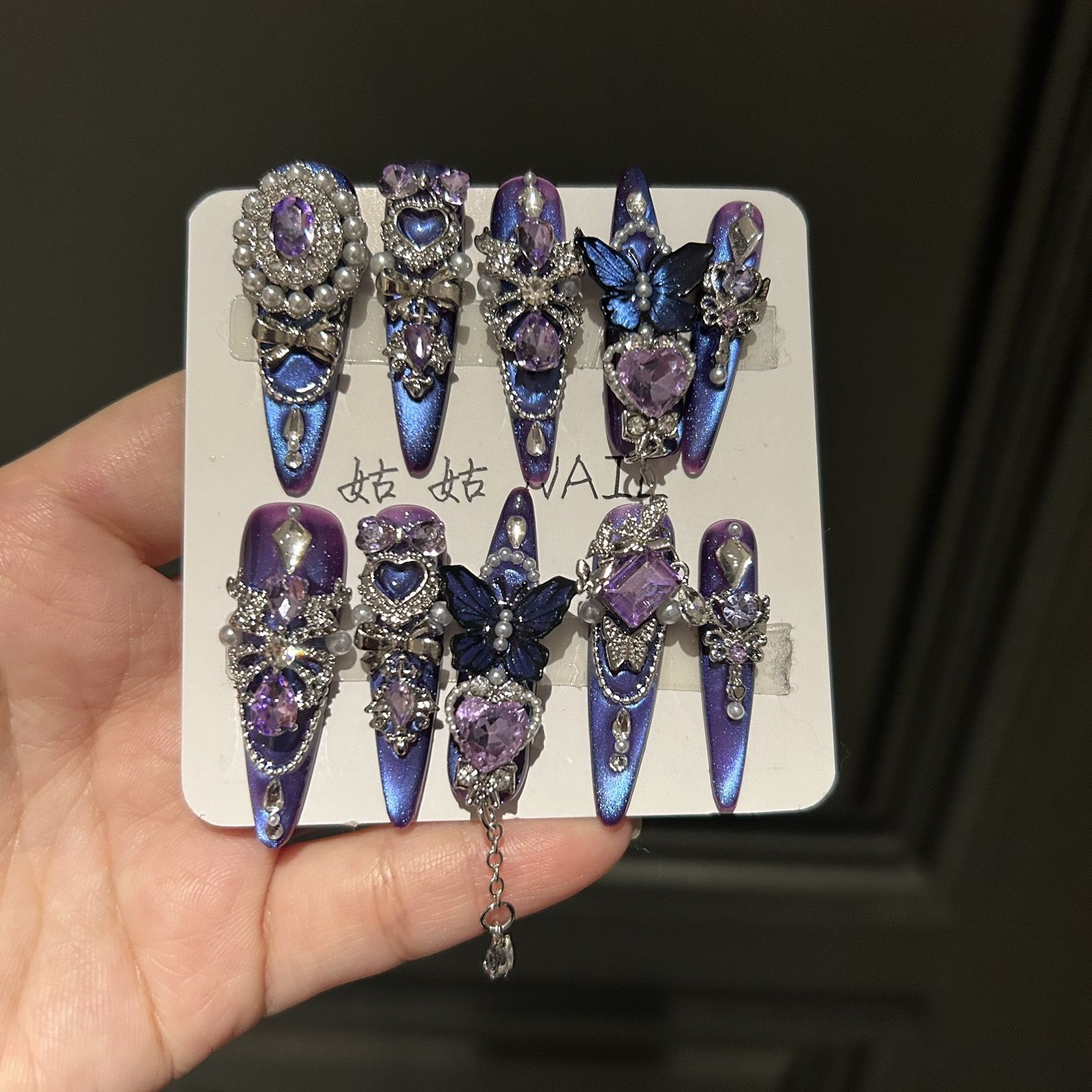Purple Green Gradient Cat Eye Press On Nails Handmade