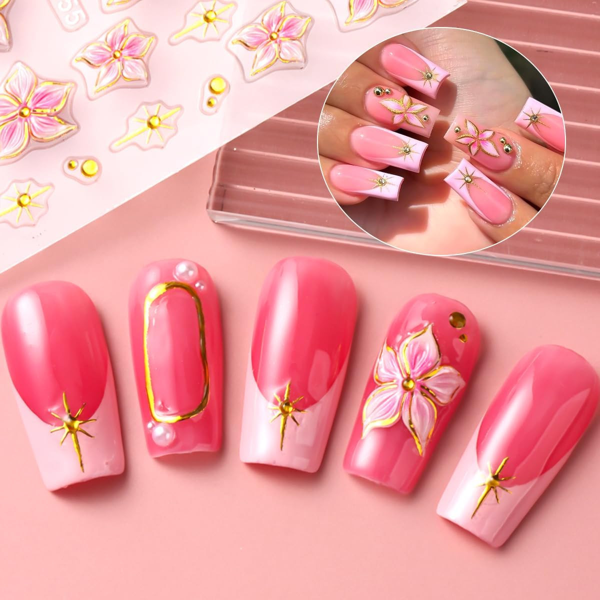 Flower Nail Art Stickers Decals,3 Sheets 5D Embossed Self Adhesive Stickers | Pi