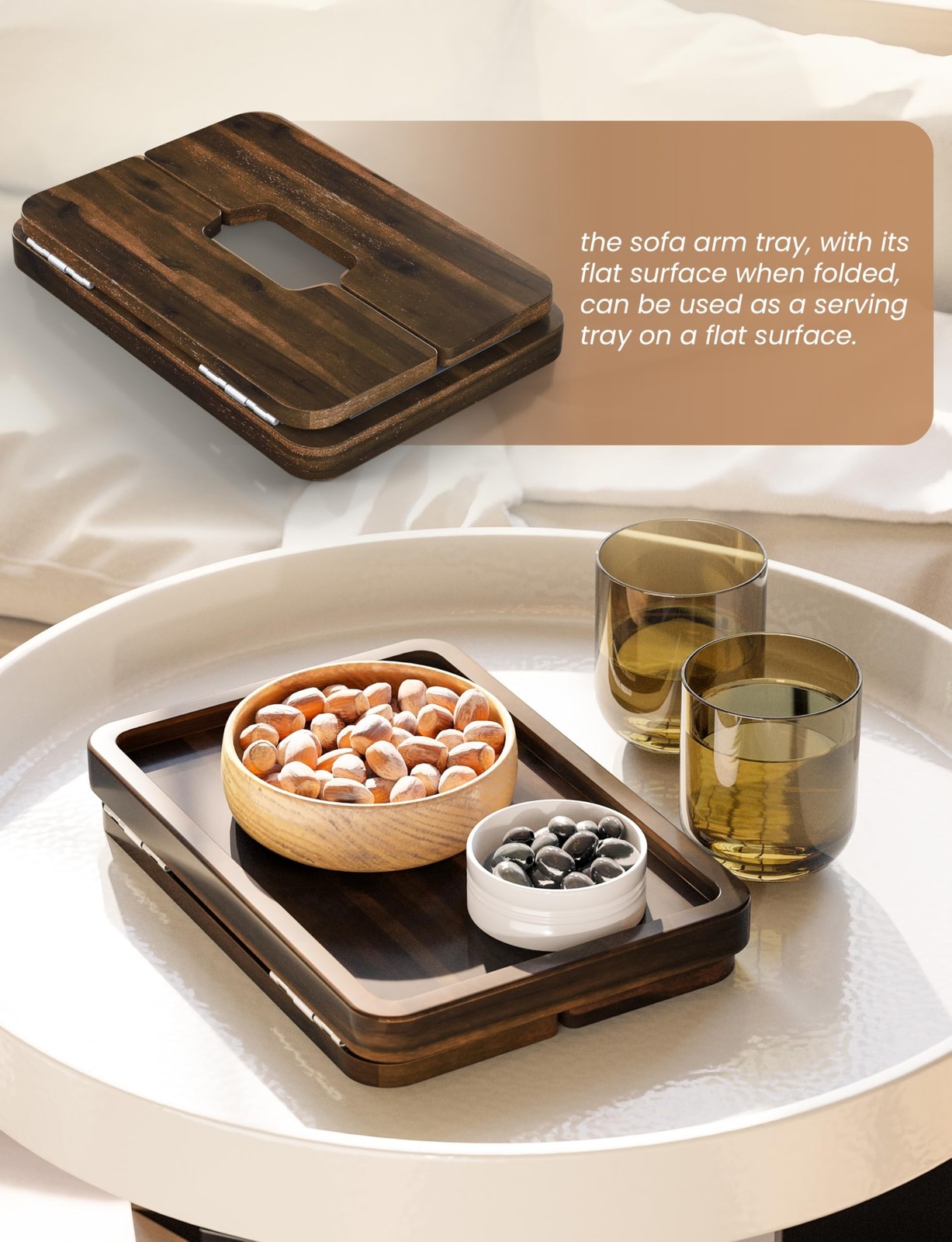 HOLANA Acacia Couch Armrest Table with 360° Rotating Phone Holder, Wooden C