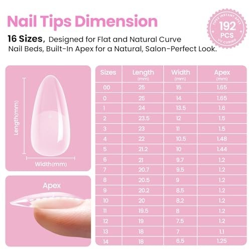192pcs Almond Medium Nail Tips Kit with UV Glue, Base & Top Coat, Mini Lamp & To