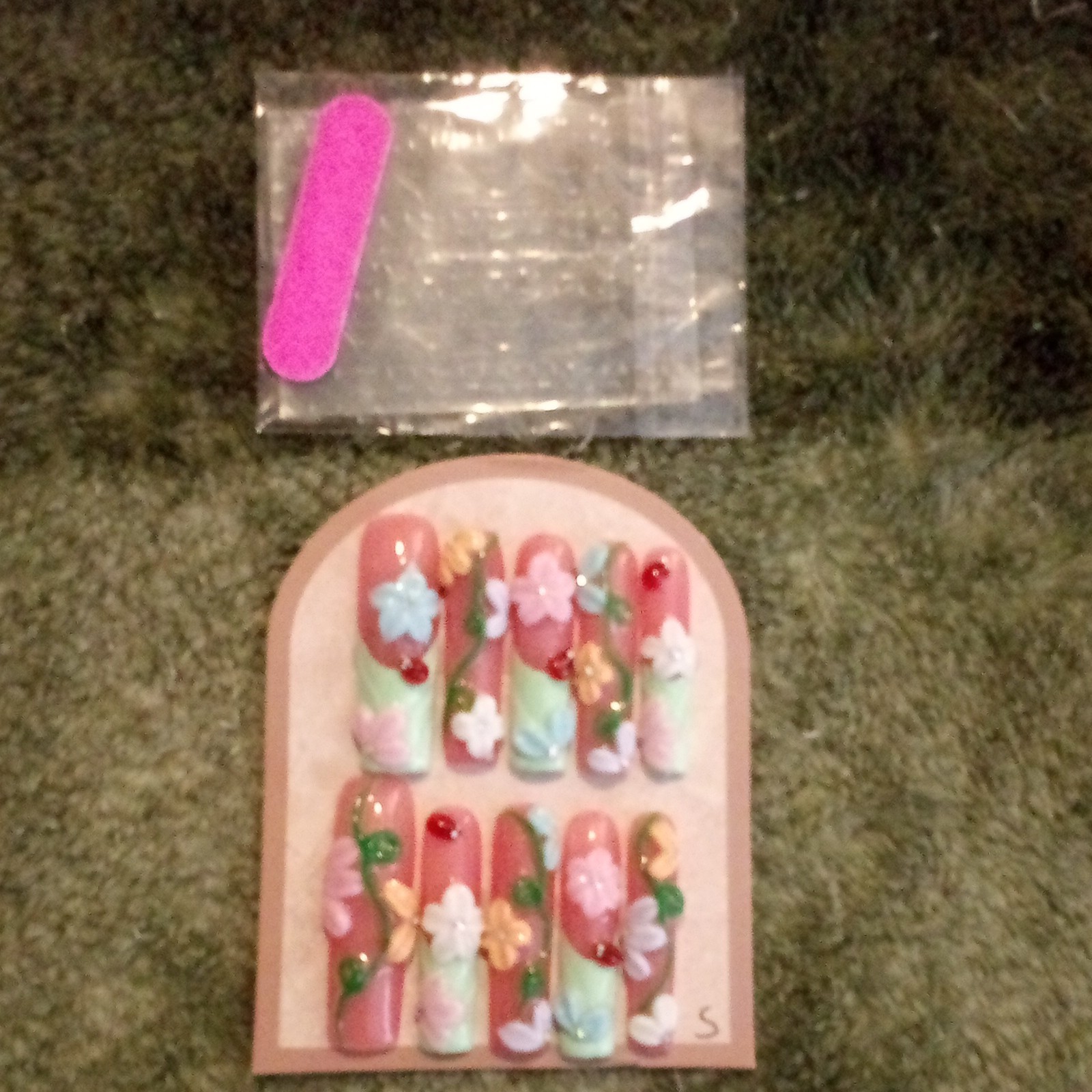 3D Shiny Press-On Nails Pink Green Multicolor Long Coffin Flower Full Cover