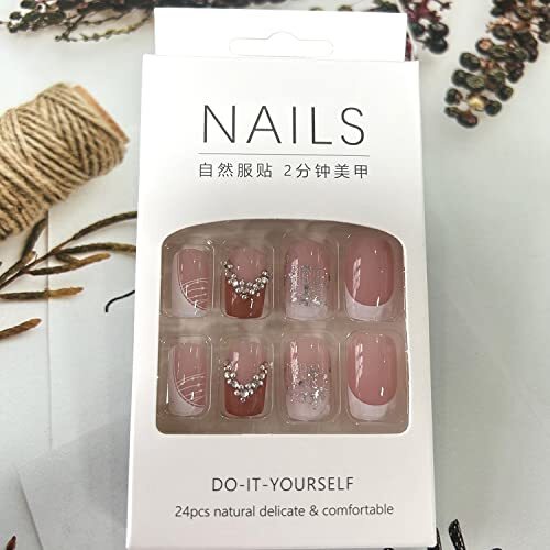 Pink Press On Nails Short Square, Coffin Shape Full Cover Reusable Rhinestones