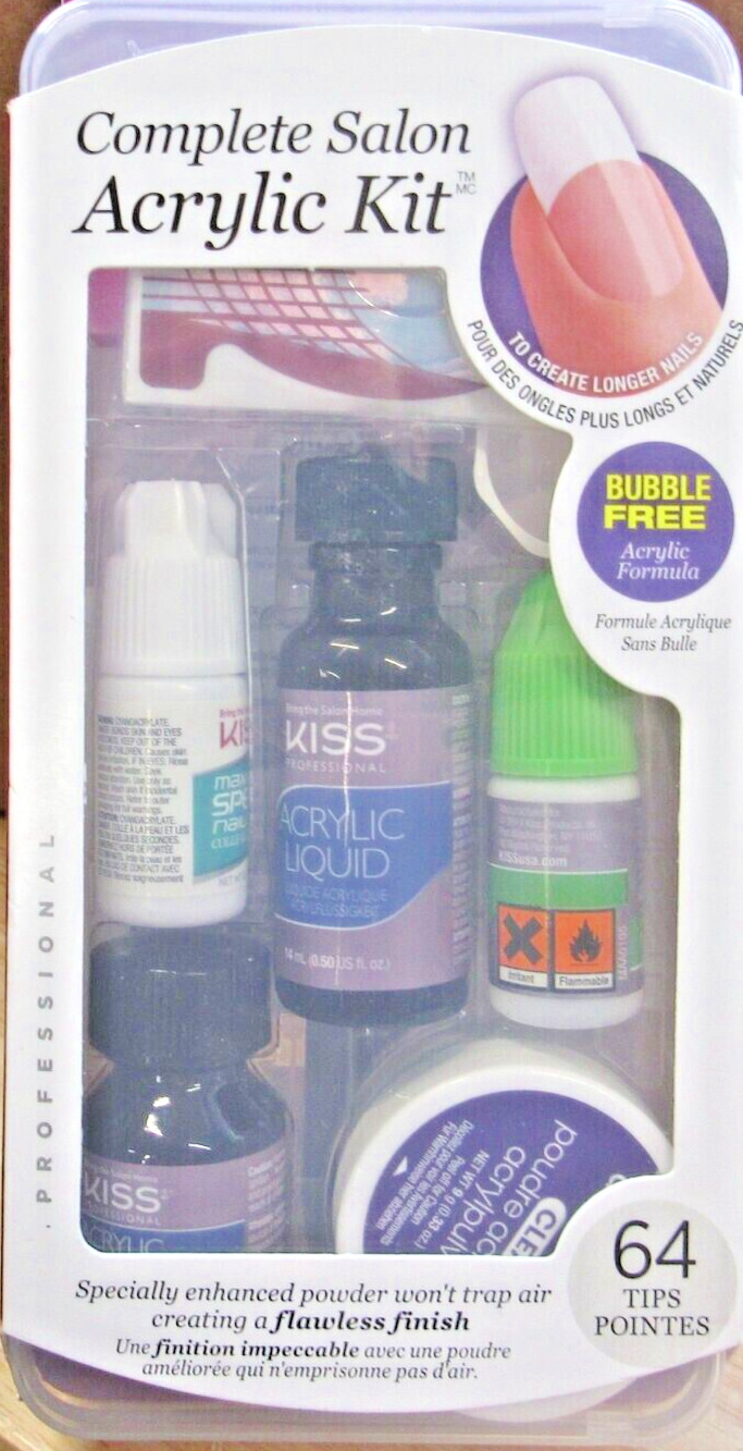 Kiss Complete Salon Acrylic Kit 64 Tips White & Natural Square Clear Powder