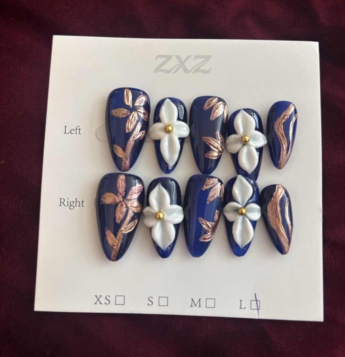 ZXZ Press-On Nails Set Blue/White/Gold 3D Flowers Long Coffin Full Cover