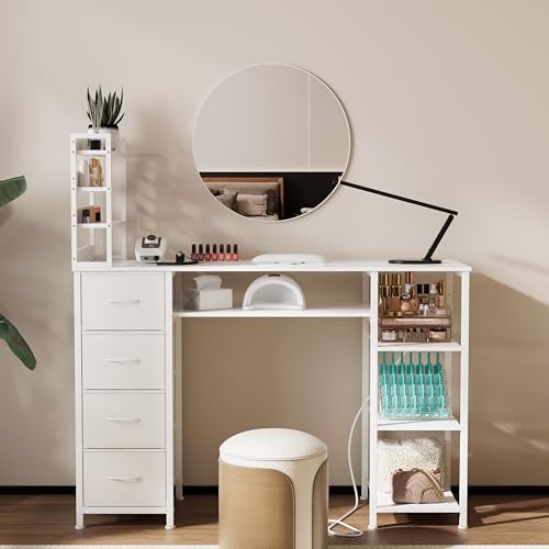 Nail Tech Desk with Power Outlet Storage White