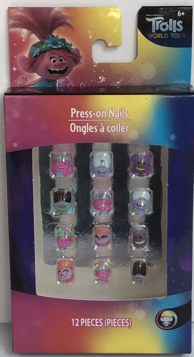Trolls World Tour Kids Press On Nail Set -12 Piece Little Girl Pre-glued Nails