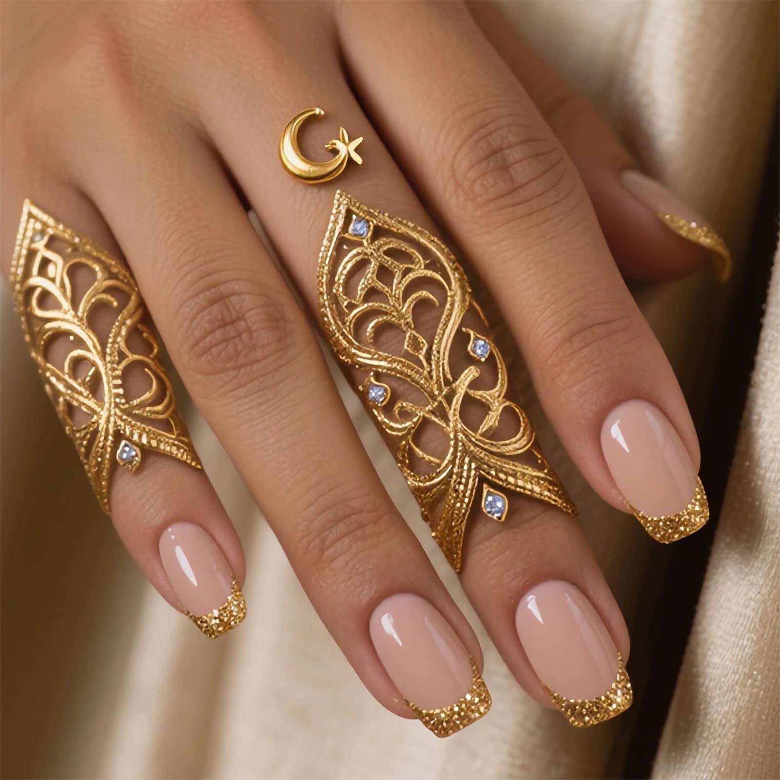 Press on Nails Short Square Fake Nails Supplies Gold Bling Glue ons French Ti…