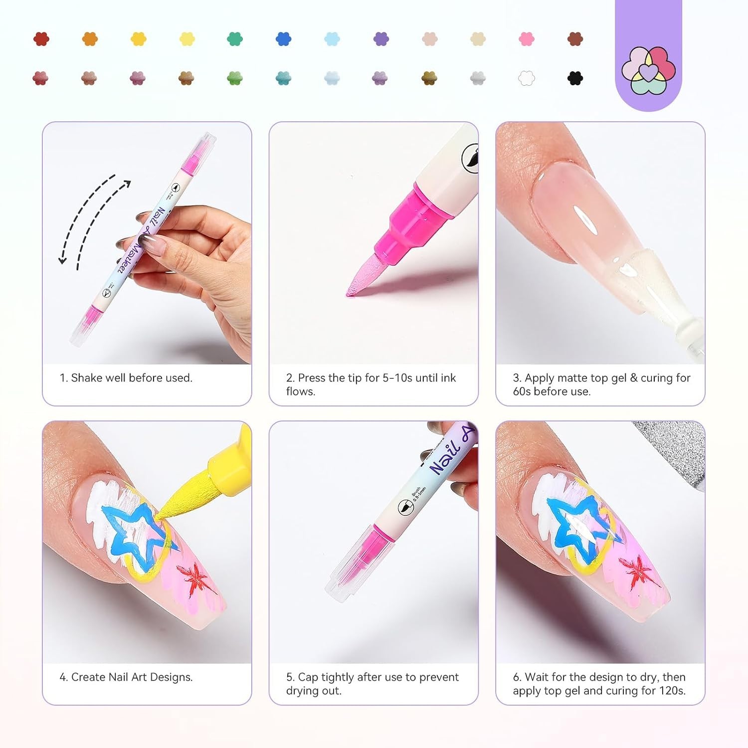 24 Colors Nail Art Pens Set, 20s Quick Drying Nail Polish Pens | 0.5-1mm Dual…