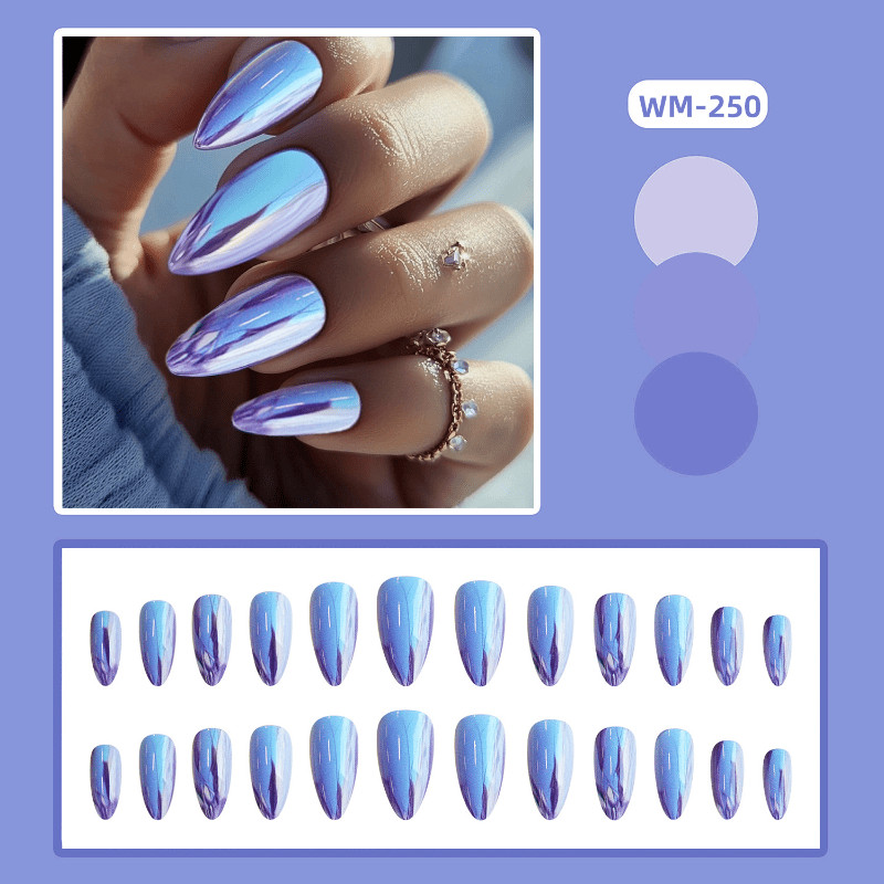48P Long Almond Press on Nails, Purple Blue Chrome Mirror Trendy Fake Nails
