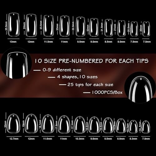 Clear Nail Tips 1000Pcs Full Cover False Nails Acrylic 10 Sizes 4 Shapes Almond